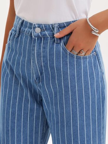 Women Striped Jeans High Rise Zipper Fly Trousers Straight Leg Denim Pants in Saudi Arabia