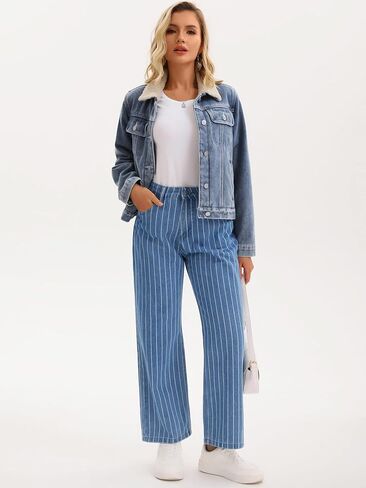Women Striped Jeans High Rise Zipper Fly Trousers Straight Leg Denim Pants in Saudi Arabia
