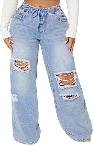 WDIRARA Women's Plus Size Drawstring Waist Ripped Jeans Distressed Baggy Denim Pants in Saudi Arabia