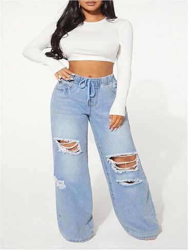 WDIRARA Women's Plus Size Drawstring Waist Ripped Jeans Distressed Baggy Denim Pants in Saudi Arabia