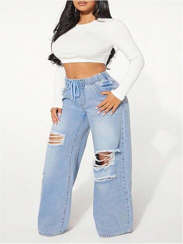 WDIRARA Women's Plus Size Drawstring Waist Ripped Jeans Distressed Baggy Denim Pants in Saudi Arabia