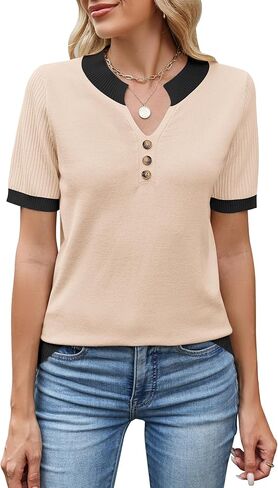 LOMON Women Short Sleeve Sweater 2026 Spring Summer Trendy Tops V Neck Dressy Casual Work Pullover Sweaters in Saudi Arabia