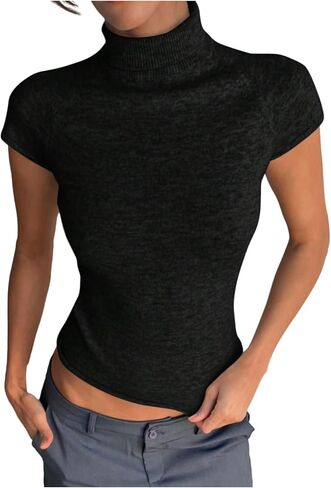 GORGLITTER Women's Y2k Short Cap Sleeve Cropped Sweater Casual Lightweight Turtleneck Sweaters in Saudi Arabia