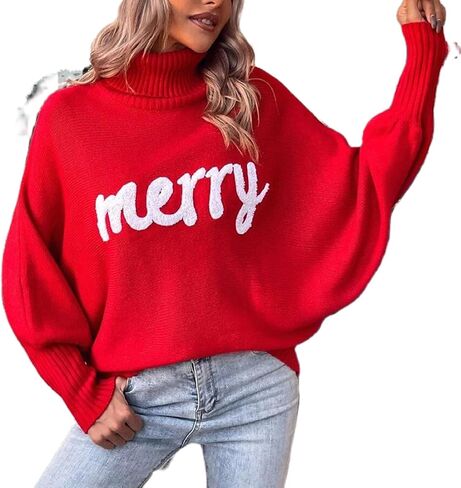 Women's Merry Christmas Sweater Turtleneck Bigger Sleeves Sweatshirts Ladies Holiday Festival Pullover Sweater in Kuwait