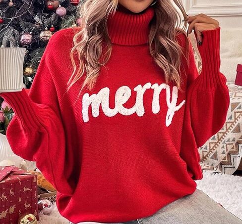 Women's Merry Christmas Sweater Turtleneck Bigger Sleeves Sweatshirts Ladies Holiday Festival Pullover Sweater in Kuwait