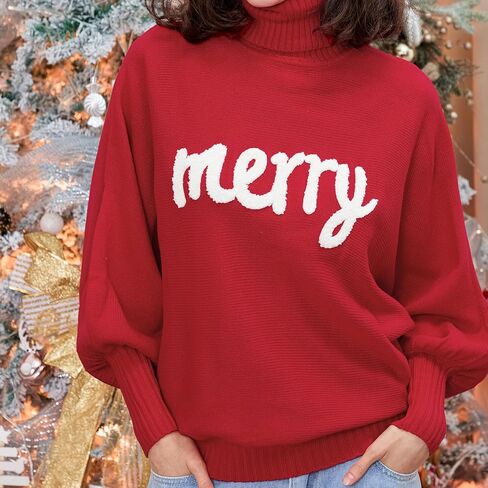 Women's Merry Christmas Sweater Turtleneck Bigger Sleeves Sweatshirts Ladies Holiday Festival Pullover Sweater in Kuwait