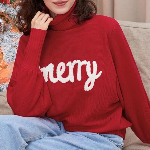 Women's Merry Christmas Sweater Turtleneck Bigger Sleeves Sweatshirts Ladies Holiday Festival Pullover Sweater in Kuwait