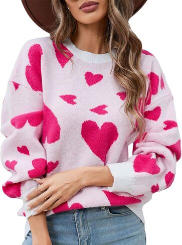 Women's Heart Pullover Sweaters Valentines Crewneck Long Sleeve Oversized Sweater Blouse Casual Loose Sweatshirt in Saudi Arabia
