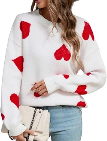 Women's Heart Pullover Sweaters Valentines Crewneck Long Sleeve Oversized Sweater Blouse Casual Loose Sweatshirt in Saudi Arabia