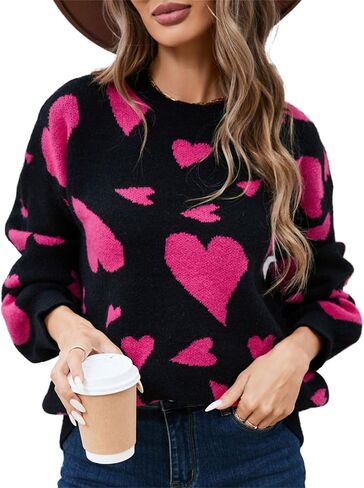 Women's Heart Pullover Sweaters Valentines Crewneck Long Sleeve Oversized Sweater Blouse Casual Loose Sweatshirt in Saudi Arabia