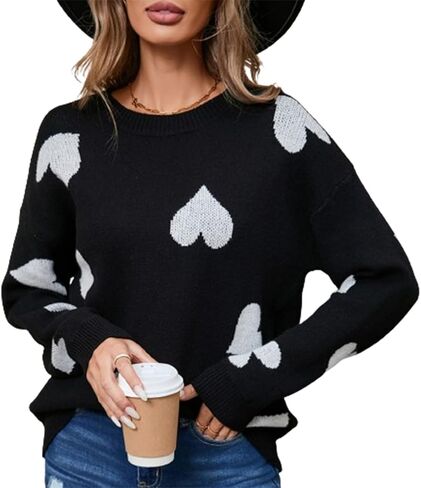 Women's Heart Pullover Sweaters Valentines Crewneck Long Sleeve Oversized Sweater Blouse Casual Loose Sweatshirt in Saudi Arabia