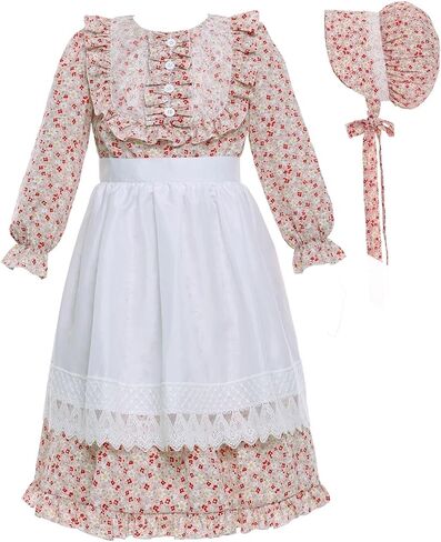 Girls Prairie Costume Dress Kids Floral Pioneer Colonial Village Girl Costumes in Saudi Arabia