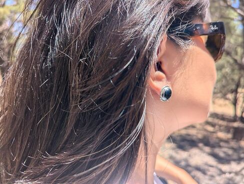 أقراط Navajo مستديرة من الفضة الاسترليني مصنوعة يدويًا من الجزع الأسود ومجوهرات أمريكية أصلية in Kuwait