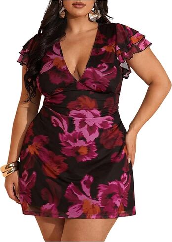 BEAUDRM Women's Plus Size Cocktail Floral Short Dress Deep V Ruffle Short Sleeve Bodycon Mesh Wedding Guest Party Dresses in Saudi Arabia