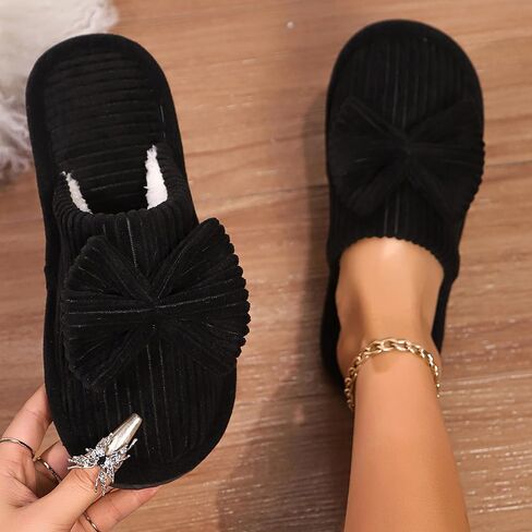 Women's Fleece Lined Slippers with Decorative Bow, Soft Indoor House Shoes, Non-Slip Warm Winter Footwear in Saudi Arabia