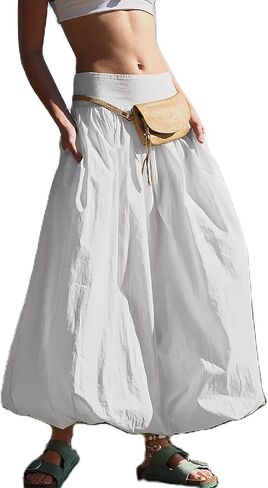 Aonoapll Y2k Women Bubble Maxi Skirt Casual Elastic Low Waist Flowy A Line Long Skirt Summer Ruffle Balloon Skirt in Saudi Arabia