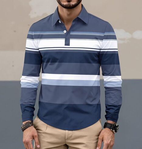 Men's Polo Shirts Long Sleeve Performance Golf Shirt Moisture Wicking Striped, S-2XL in Saudi Arabia
