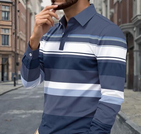 Men's Polo Shirts Long Sleeve Performance Golf Shirt Moisture Wicking Striped, S-2XL in Saudi Arabia