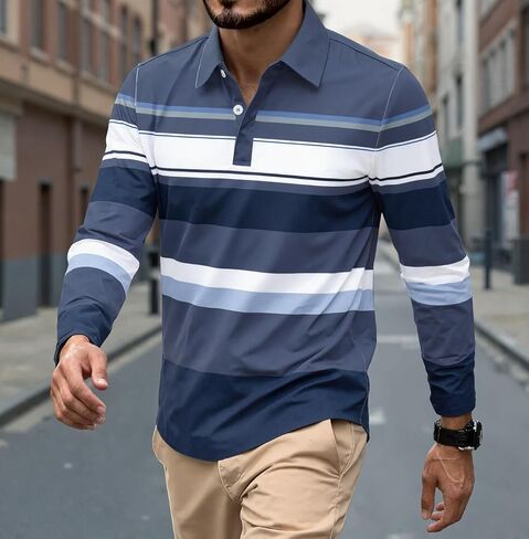 Men's Polo Shirts Long Sleeve Performance Golf Shirt Moisture Wicking Striped, S-2XL in Saudi Arabia