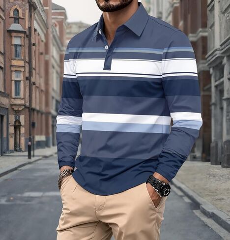 Men's Polo Shirts Long Sleeve Performance Golf Shirt Moisture Wicking Striped, S-2XL in Saudi Arabia