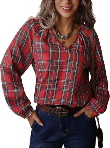 SOLY HUX Women's Plaid Blouse V Neck Lantern Long Sleeve Casual Shirt Tops in Saudi Arabia