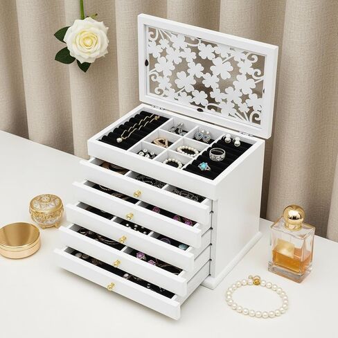 منظم صندوق مجوهرات مكون من 6 طبقات مع أدراج قابلة للسحب بالكامل، حقيبة تخزين مجوهرات خشبية منحوتة ذات سعة كبيرة للأقراط والقلائد والخواتم - أبيض in Kuwait
