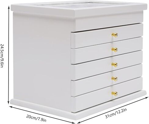 منظم صندوق مجوهرات مكون من 6 طبقات مع أدراج قابلة للسحب بالكامل، حقيبة تخزين مجوهرات خشبية منحوتة ذات سعة كبيرة للأقراط والقلائد والخواتم - أبيض in Kuwait