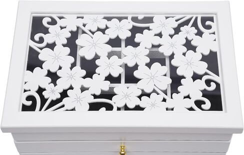 منظم صندوق مجوهرات مكون من 6 طبقات مع أدراج قابلة للسحب بالكامل، حقيبة تخزين مجوهرات خشبية منحوتة ذات سعة كبيرة للأقراط والقلائد والخواتم - أبيض in Kuwait