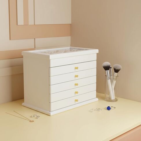 منظم صندوق مجوهرات مكون من 6 طبقات مع أدراج قابلة للسحب بالكامل، حقيبة تخزين مجوهرات خشبية منحوتة ذات سعة كبيرة للأقراط والقلائد والخواتم - أبيض in Kuwait