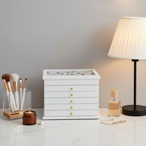 منظم صندوق مجوهرات مكون من 6 طبقات مع أدراج قابلة للسحب بالكامل، حقيبة تخزين مجوهرات خشبية منحوتة ذات سعة كبيرة للأقراط والقلائد والخواتم - أبيض in Kuwait