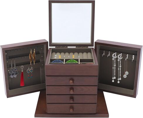 Jewelry Boxes for Women Vintage Wooden Jewelry Box with Mirror 5 Tier Jewellery Organizer Box with 4 Drawers Rustic Wooden Jewelry Boxes & Organizers for Necklaces Earrings Rings Bracelets (brown) in Saudi Arabia