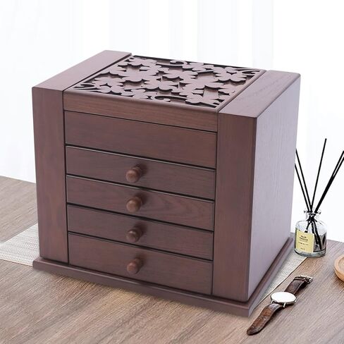 Jewelry Boxes for Women Vintage Wooden Jewelry Box with Mirror 5 Tier Jewellery Organizer Box with 4 Drawers Rustic Wooden Jewelry Boxes & Organizers for Necklaces Earrings Rings Bracelets (brown) in Saudi Arabia