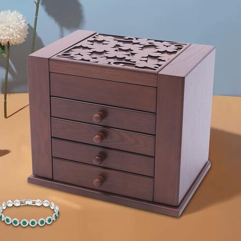 Jewelry Boxes for Women Vintage Wooden Jewelry Box with Mirror 5 Tier Jewellery Organizer Box with 4 Drawers Rustic Wooden Jewelry Boxes & Organizers for Necklaces Earrings Rings Bracelets (brown) in Saudi Arabia