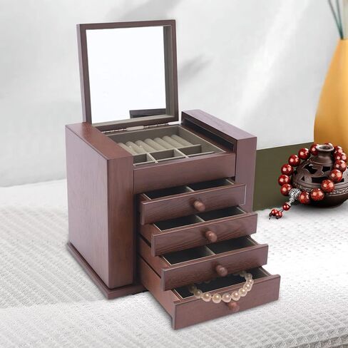 Jewelry Boxes for Women Vintage Wooden Jewelry Box with Mirror 5 Tier Jewellery Organizer Box with 4 Drawers Rustic Wooden Jewelry Boxes & Organizers for Necklaces Earrings Rings Bracelets (brown) in Saudi Arabia