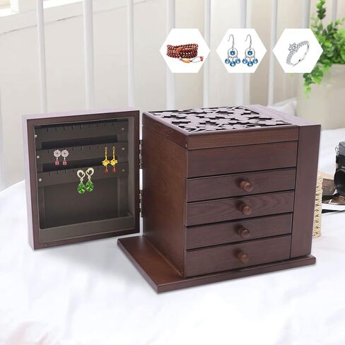 Jewelry Boxes for Women Vintage Wooden Jewelry Box with Mirror 5 Tier Jewellery Organizer Box with 4 Drawers Rustic Wooden Jewelry Boxes & Organizers for Necklaces Earrings Rings Bracelets (brown) in Saudi Arabia