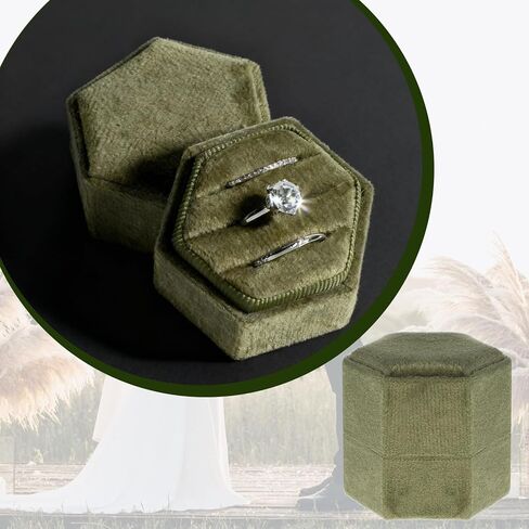 Velvet 3 Slots Jewelry Ring Box, 3 Slots Hexagon Ring Storage Box, Engagement Wedding Boxs, Vintage Rings Display Holder Case for Wedding Ceremony Proposal Engagement (Olive Green) in Saudi Arabia