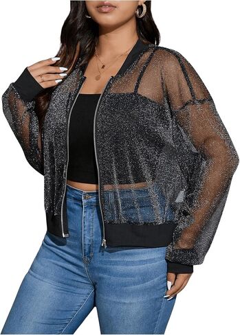 WDIRARA Women's Plus Size Sheer Mesh See Through Bomber Jacket Zip Front Long Sleeve Outerwear in Saudi Arabia