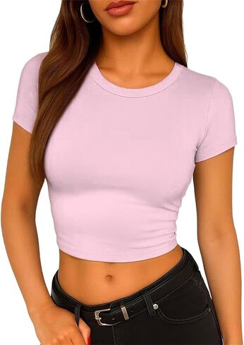ForeFair Women's Casual Going Out Crop Tops Crew Neck Slim Fit Short Sleeve Basic Tight T Shirts in Saudi Arabia