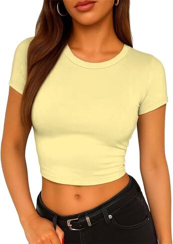 ForeFair Women's Casual Going Out Crop Tops Crew Neck Slim Fit Short Sleeve Basic Tight T Shirts in Saudi Arabia