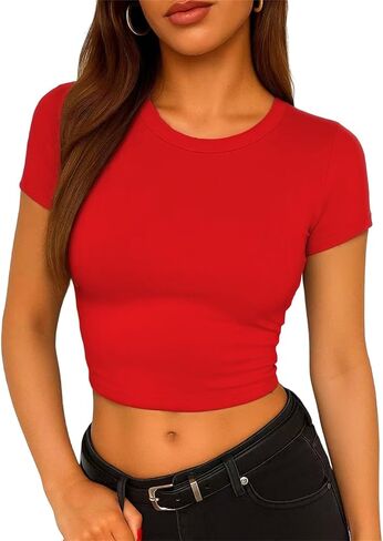ForeFair Women's Casual Going Out Crop Tops Crew Neck Slim Fit Short Sleeve Basic Tight T Shirts in Saudi Arabia