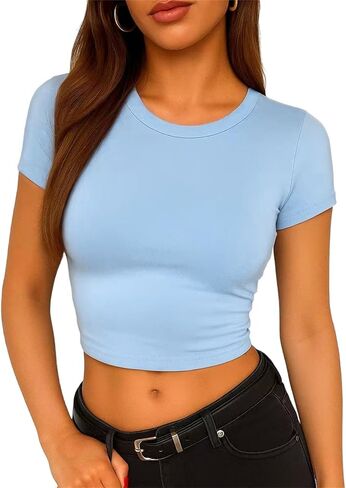 ForeFair Women's Casual Going Out Crop Tops Crew Neck Slim Fit Short Sleeve Basic Tight T Shirts in Saudi Arabia