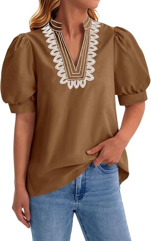 Cicy Bell Womens Puff Short Sleeve Blouses Summer Casual Dressy Embroidered V Neck Tops Loose Fit Tee Shirts in Saudi Arabia