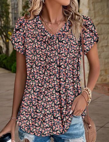 Womens Dressy Casual Business Work Blouses Short Ruffle Sleeve Tops V Neck Summer Cute Shirts Trendy Outfits in Saudi Arabia