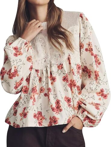 Women Long Sleeve Lace Poplin Blouse Crew Neck Lace Flared Mesh Swing Tops Loose Babydoll Shirt in Kuwait