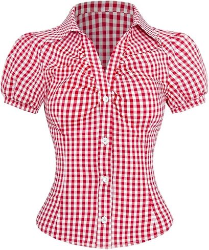 OYOANGLE Women's Plaid Button Down Short Puff Sleeve Blouse Y2K Gingham Collared Shirts Going Out Tops in Saudi Arabia