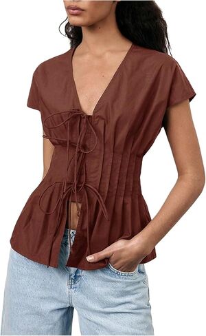 SHENHE Women's Dressy Casual Peplum Blouse Pleated Cinched Waist Short Sleeve Blouse Top in Saudi Arabia
