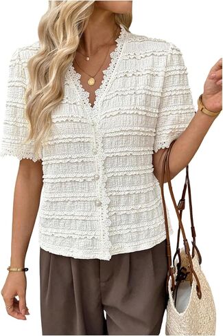 OYOANGLE Women's Short Sleeve Button Lace Blouse V Neck Summer Work Dressy Tops in Saudi Arabia