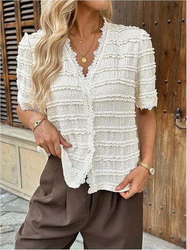 OYOANGLE Women's Short Sleeve Button Lace Blouse V Neck Summer Work Dressy Tops in Saudi Arabia