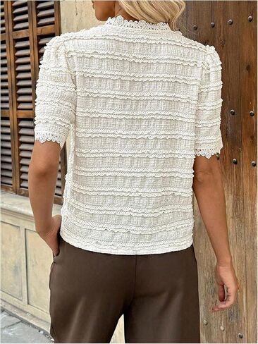 OYOANGLE Women's Short Sleeve Button Lace Blouse V Neck Summer Work Dressy Tops in Saudi Arabia