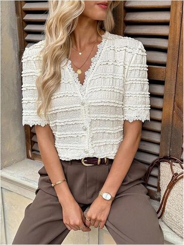 OYOANGLE Women's Short Sleeve Button Lace Blouse V Neck Summer Work Dressy Tops in Saudi Arabia